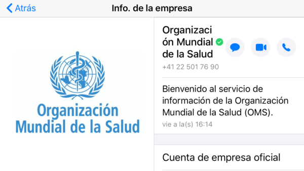 Cuenta oficial de la OMS (Organización Mundial de la Salud) por WhatsApp, con el tic de verificada