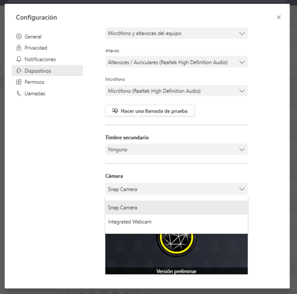 Configuración de Microsoft Teams - Seleccionar Snap Camera