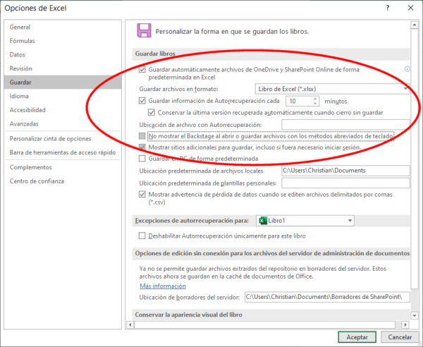 Autorrecuperación: archivos de copia de seguridad de Excel para recuperar archivos no guardados